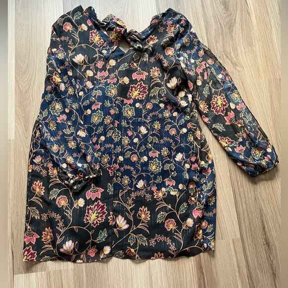 BCBGeneration Navy Blue/Black Metallic Floral Dress, Size Large, Mini Longsleeve - Picture 8 of 11